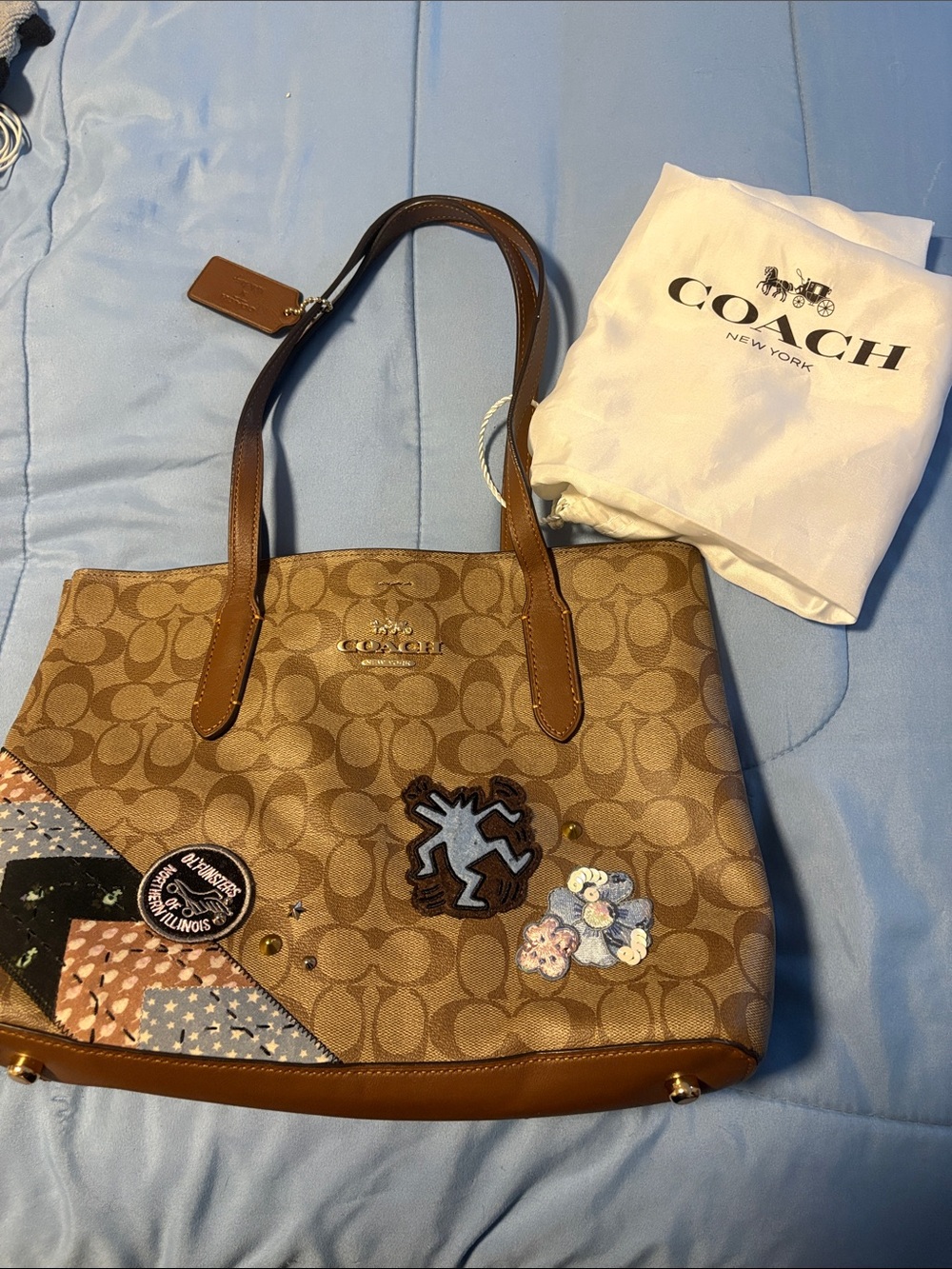 Coach Brown Keith Haring Signature Canvas Tote Bag with Leather Trim